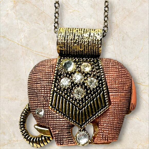 Rose Goldtone Elephant Pendant Necklace 28"  Bling Rhinestones Stars Boho Hippie - Picture 3 of 10